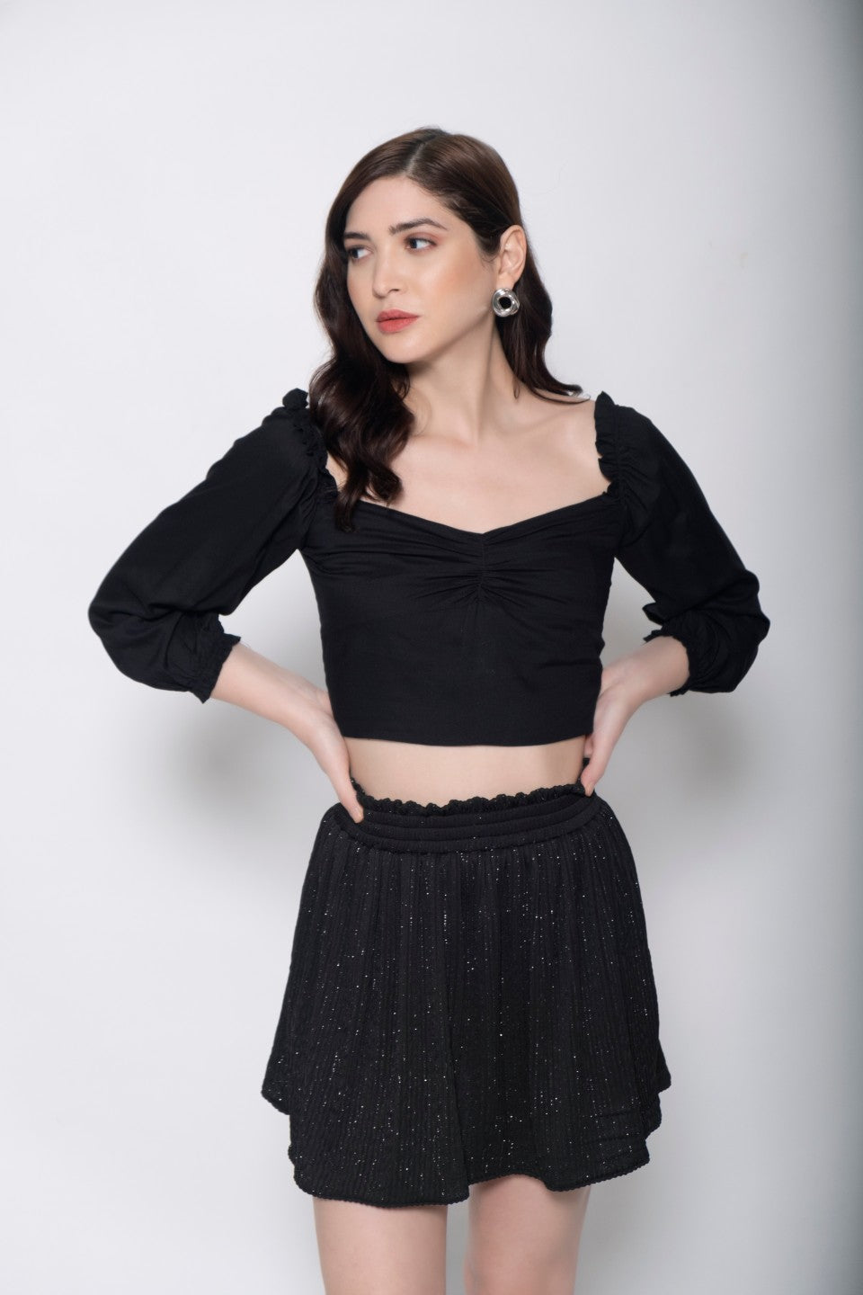 Black Viscose Solid Crop Top